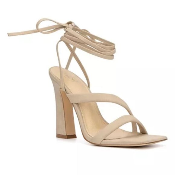 NEW YORK & COMPANY INES Ankle Wrap Square Toe Heel Sandals Nude Size 11 - Picture 1 of 8